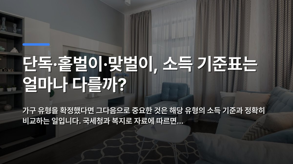 단독·홑벌이·맞벌이, 소득 기준표는 얼마나 다를까? — 가구 유형을 확정했다면 그다음으로 중요한 것은 해당 유형의 소득 기준과 정확히 비교하는 일입니다. 국세청과 복지로 자료에 따르면… · 배경 사진: Bright and cozy modern living room featuring minimalist design and…